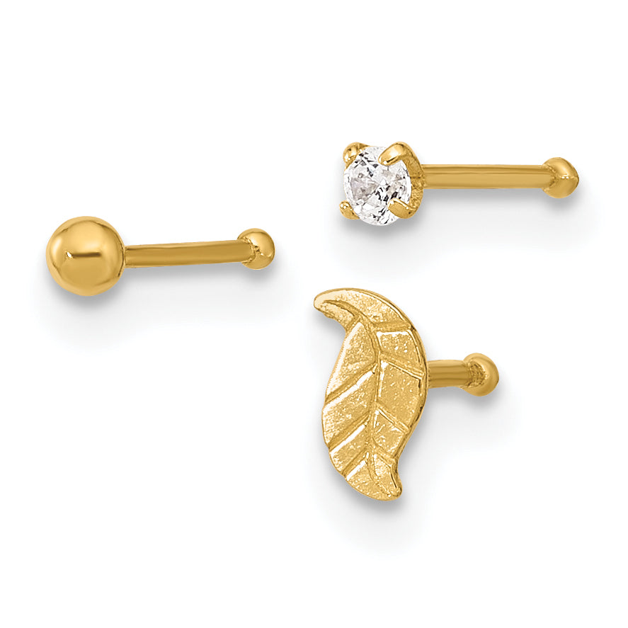 14K Yellow Gold 22 Gauge Leaf, Ball And Cz Post Nose Set