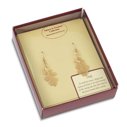 Fashion 24K Gold Dipped Real Oak Leaf Gold-Tone Shepherd Hook Dangle Earrings