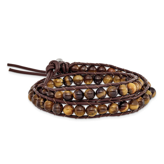 14 Inch 6mm Brown Beads And Leather Cord Multi Wrap Bracelet