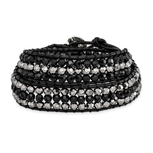 14 Inch Black Aurora Borealis/Grey Crystal Bead/Leather Multi-Wrap Bracelet