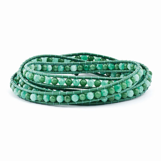 34 Inch Green Aventurine/Green Quartz/Fw Cultured Pearl Clasp Leather Wrap Bracelet