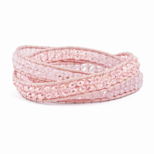20 Inch Pink Leather Rose Quartz Beaded Multi Wrap Brass Button Bracelet