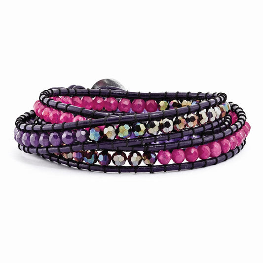 20 Inch Multi Crystal/Multi Colored Jade Beaded Leather Multi-Wrap Bracelet