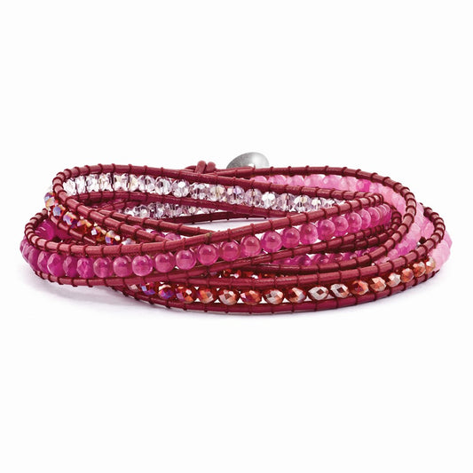 34 Inch Multi Crystal And Colored Jade Beaded Leather Multi-Wrap Bracelet