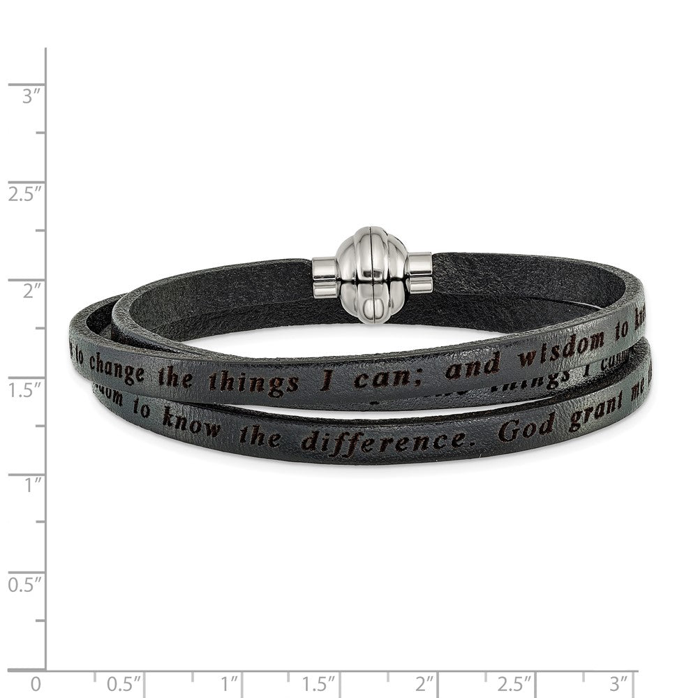 Stainless Steel Amen Lord'S Prayer Black Leather Wrap With Magnetic Clasp 21 Inch Bracelet