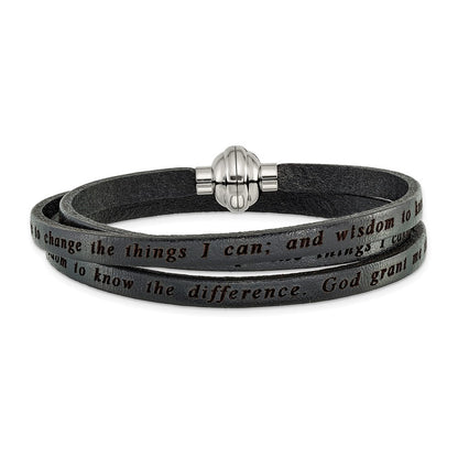Stainless Steel Amen Lord'S Prayer Black Leather Wrap With Magnetic Clasp 21 Inch Bracelet