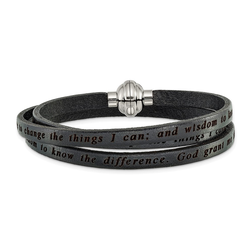 Stainless Steel Amen Lord'S Prayer Black Leather Wrap With Magnetic Clasp 23.5 Inch Bracelet