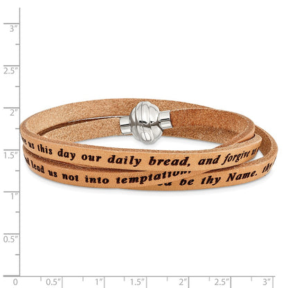 Stainless Steel Amen Lord'S Prayer Tan Leather Wrap With Magnetic Clasp 21 Inch Bracelet
