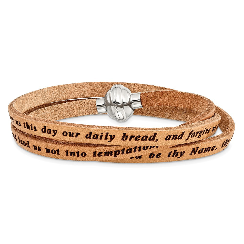 22.5 Inch Amen Stainless Steel Lord'S Prayer Tan Leather Wrap With Magnetic Clasp 22.25 Bracelet