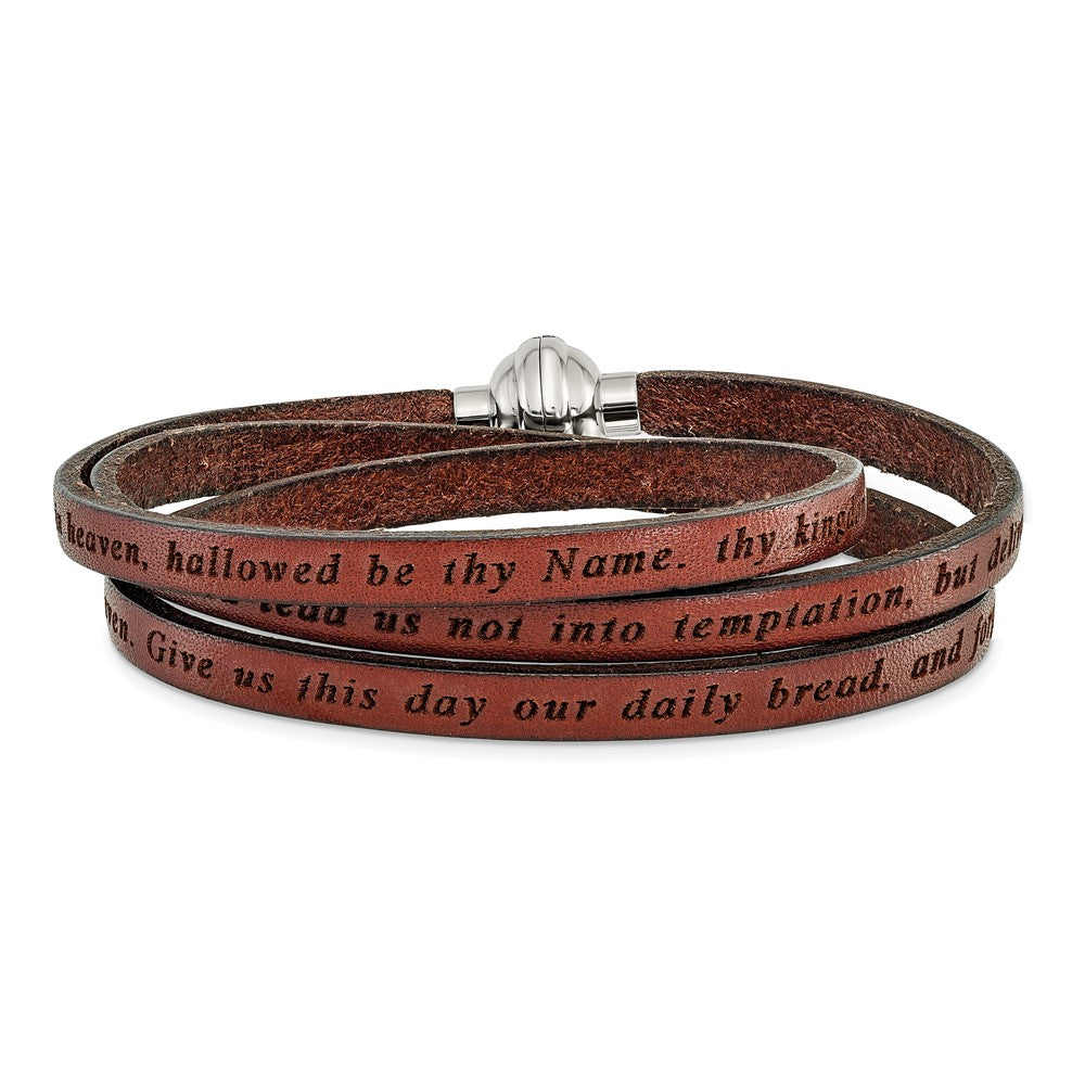 22.5 Inch Amen Stainless Steel Lord'S Prayer Brown Leather Wrap With Magnetic Clasp 22.25 Bracelet