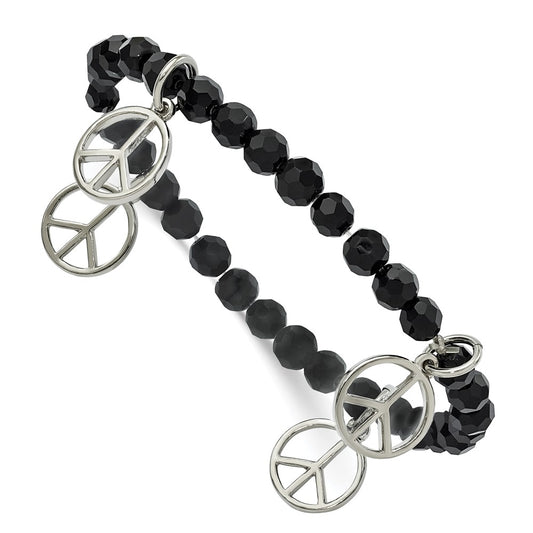 Fashion 1928 Jewelry Silver-Tone Peace Charms On Jet Black Crystal Faceted Beaded Stretch Bracelet