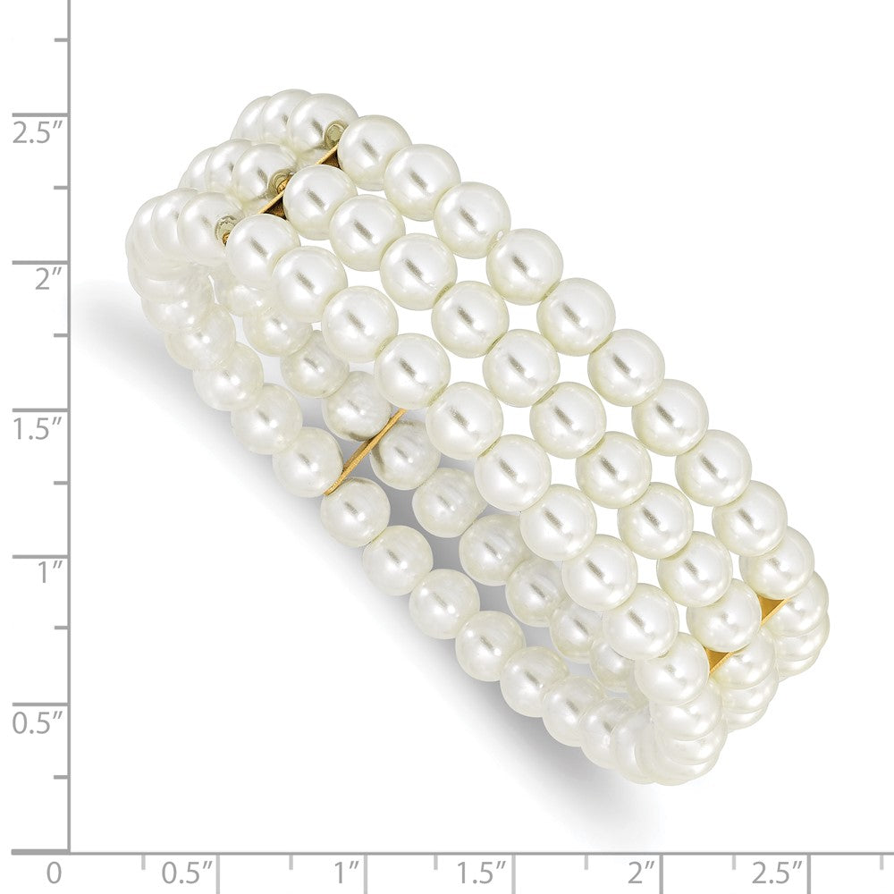 7 Inch 1928 Jewelry Gold-Tone 6mm Ivory Cultura Imitation Pearl 3 Row Stretch Bracelet