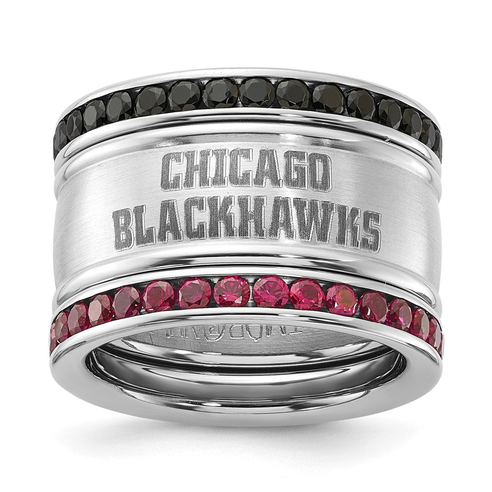 Stainless Steel Nhl Chicago Blackhawks Pink & Black Crystal Stacked Ring Set