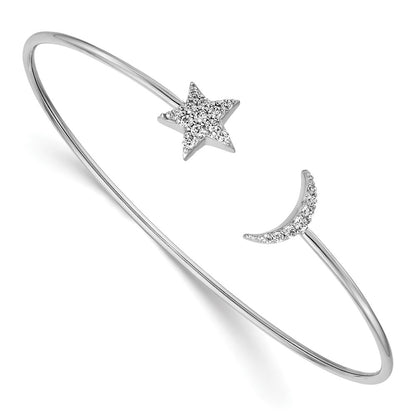 14k White Gold Natural Diamond Moon and Star Flexible Cuff Bangle