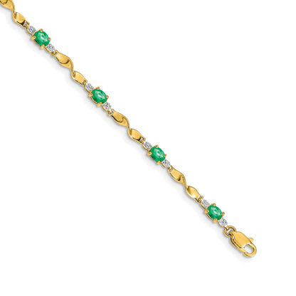 10K Yellow Gold Diamond And Oval Emerald Bracelet