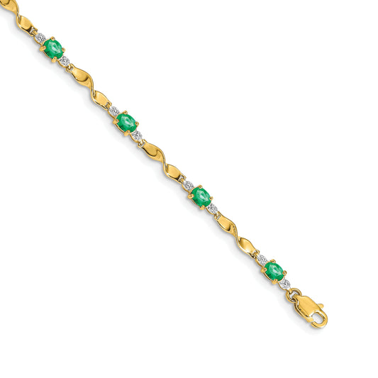 10K Yellow Gold Diamond And Oval Emerald Bracelet