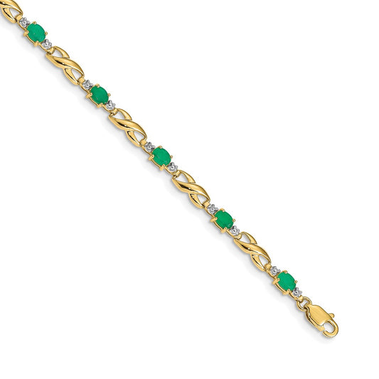 10K Yellow Gold Diamond And Oval Emerald Bracelet