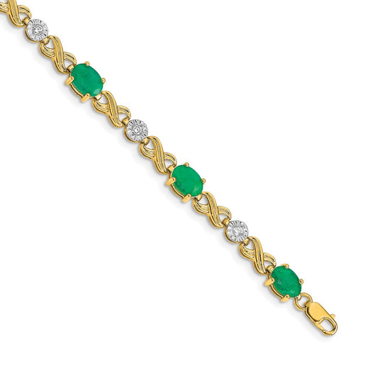 14k Yellow Gold Natural Diamond and Emerald Infinity Bracelet