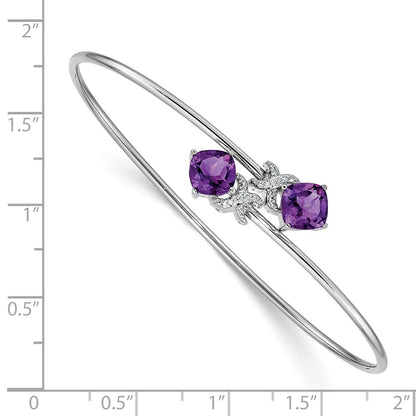 14K White Gold Complete Cushion Cut Amethyst And .03 Carat Diamond Flexible Bangle Bracelet