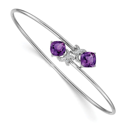 14K White Gold Complete Cushion Cut Amethyst And .03 Carat Diamond Flexible Bangle Bracelet