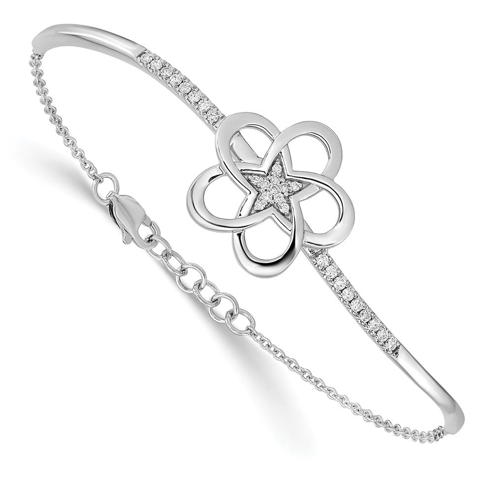 14k White Gold Polished Natural Diamond Flower Bar 7in w/.5 ext Bracelet