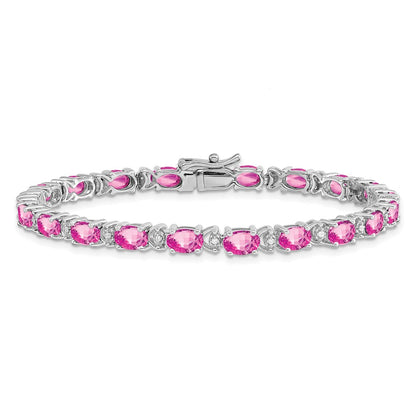14k White Gold Oval Created Pink Sapphire and Natural Diamond Bracelet