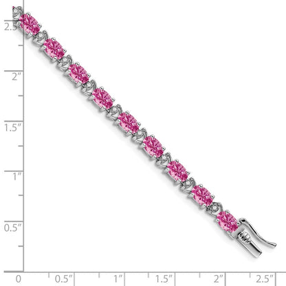 14k White Gold Oval Created Pink Sapphire and Natural Diamond Bracelet