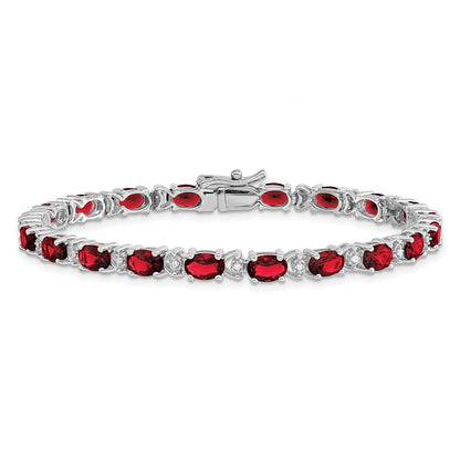 14k White Gold Oval Created Ruby and Natural Diamond Bracelet
