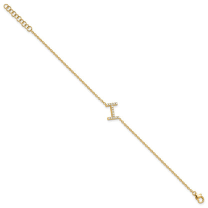 14k Yellow Gold Natural Diamond Sideways Letter I w/ 1in ext. Bracelet