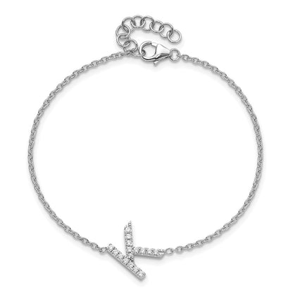 14KW Natural Diamond Sideways Letter K w/ 1in ext. Bracelet