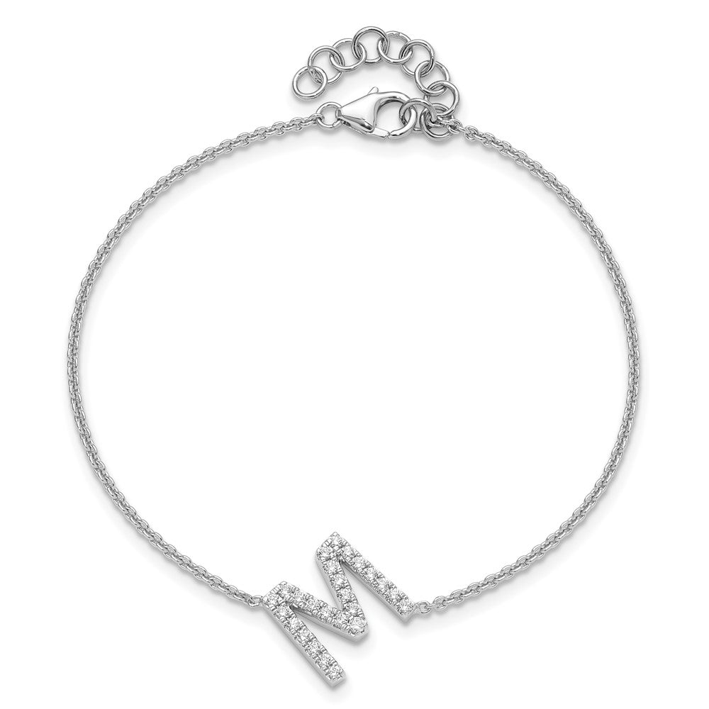 14KW Natural Diamond Sideways Letter M w/ 1in ext. Bracelet