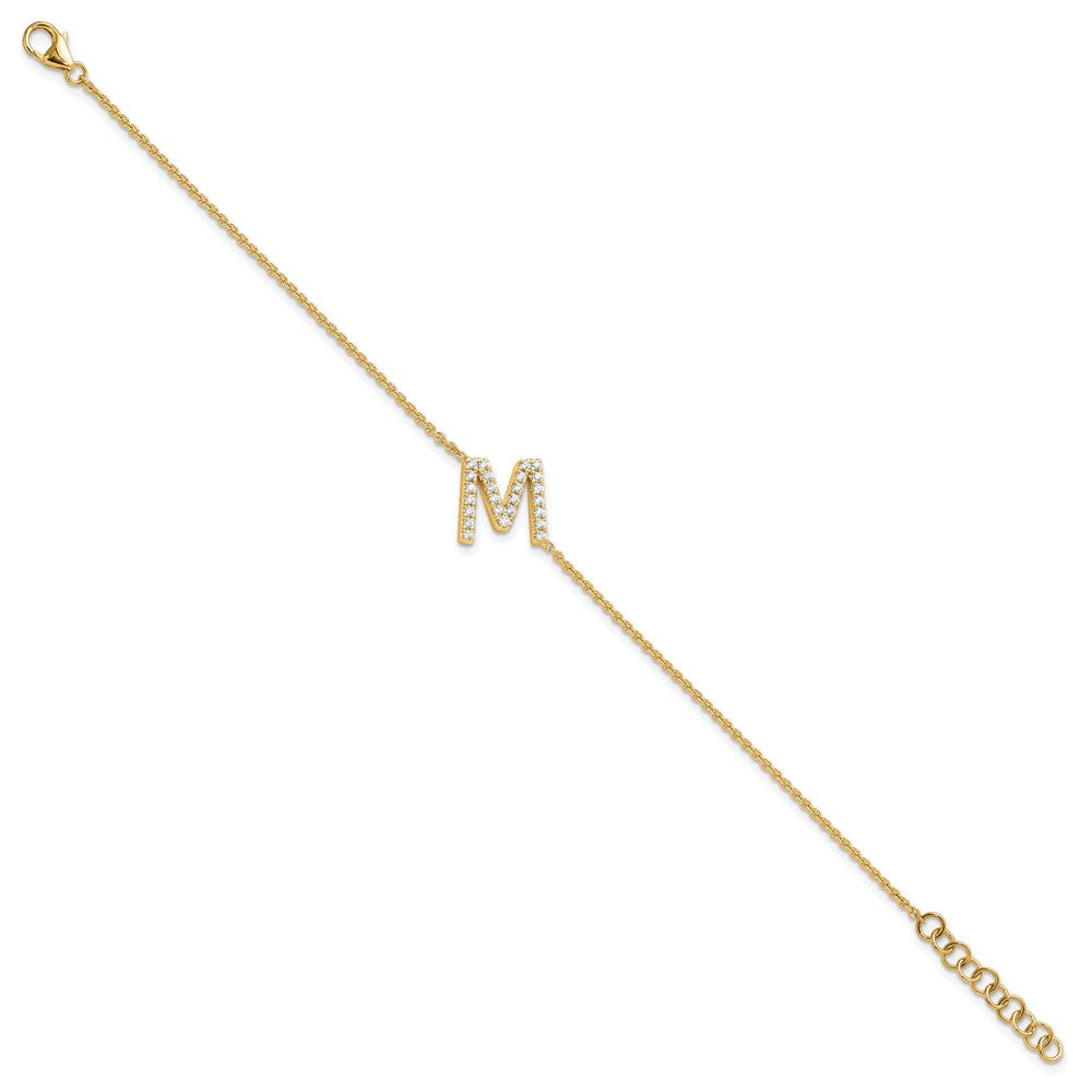 14k Yellow Gold Natural Diamond Sideways Letter M w/ 1in ext. Bracelet