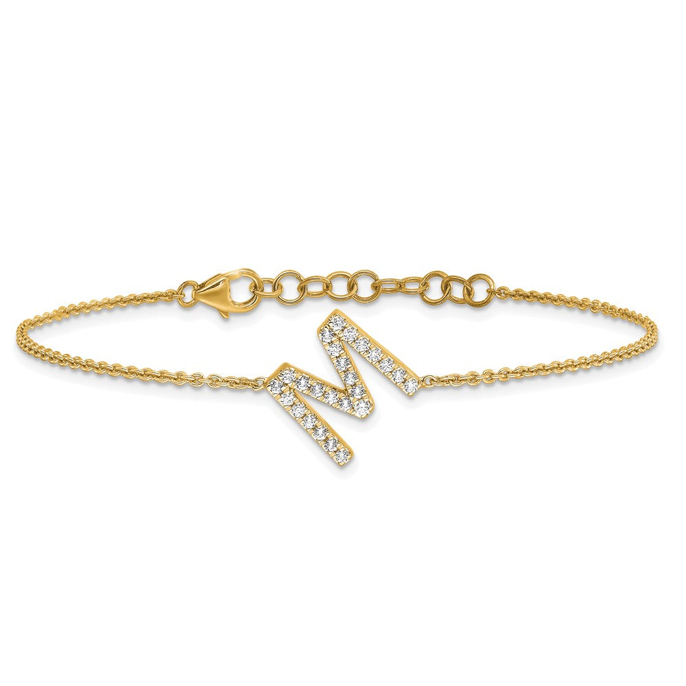 14k Yellow Gold Natural Diamond Sideways Letter M w/ 1in ext. Bracelet