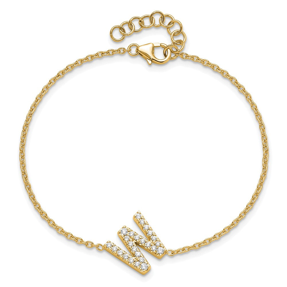 14k Yellow Gold Natural Diamond Sideways Letter W w/ 1in ext. Bracelet