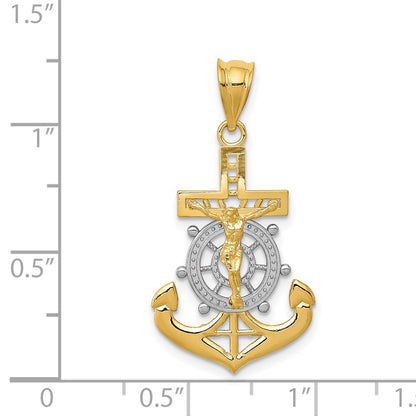 14K Yellow & Rhodium W/Rhodium Diamond-Cut Mariners Cross Pendant