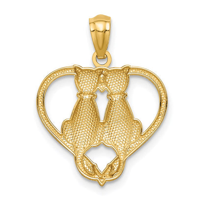 14K Yellow Gold Sitting Cats In A Heart Pendant