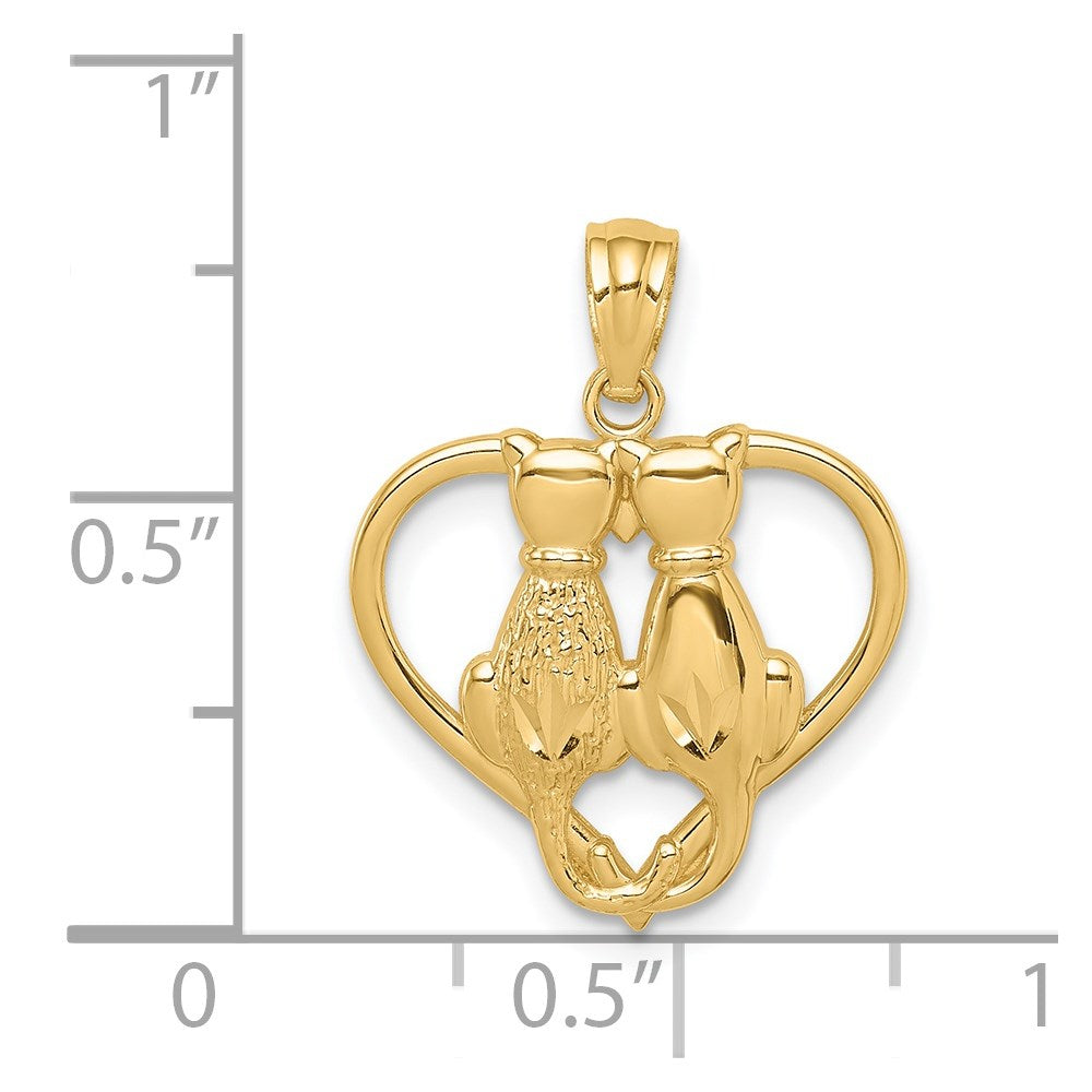 14K Yellow Gold Sitting Cats In A Heart Pendant