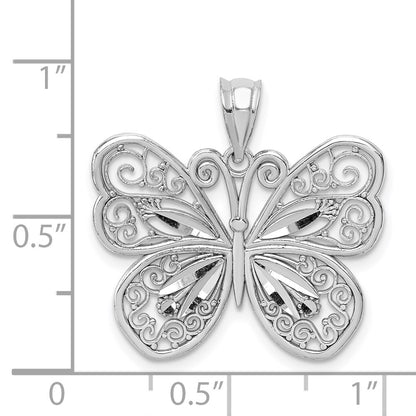 14k White Gold White Polished & Diamond-cut Butterfly Pendant