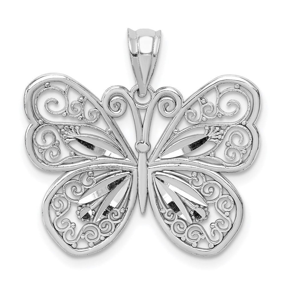 14k White Gold White Polished & Diamond-cut Butterfly Pendant