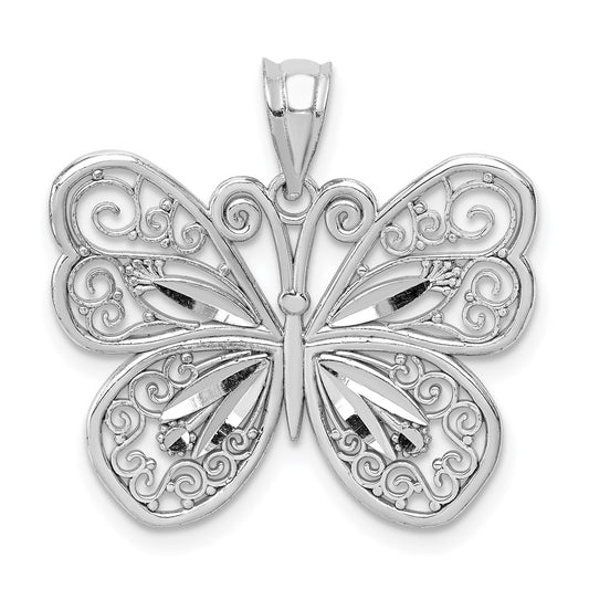 14k White Gold White Polished & Diamond-cut Butterfly Pendant