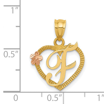 14K Two-Tone Heart Letter F Initial Pendant