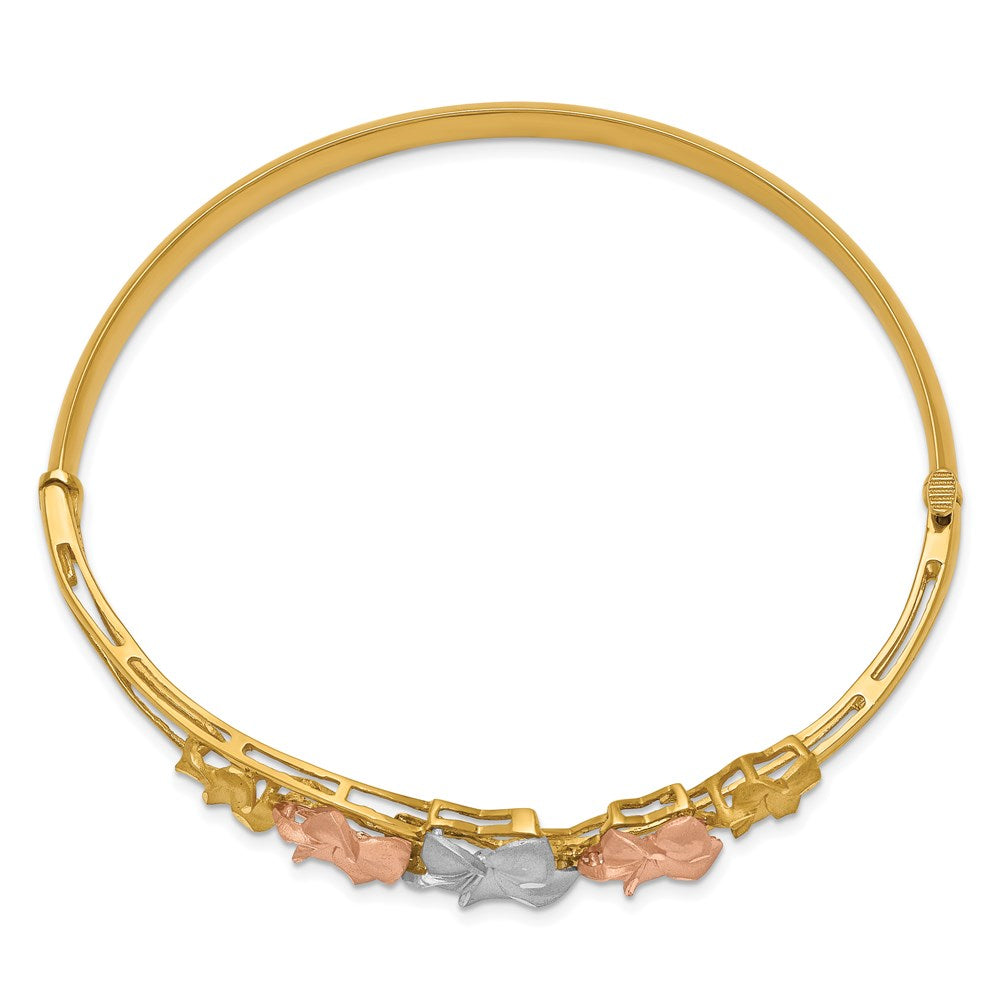 14k Tri-Color Gold Plumeria Hinged Bangle