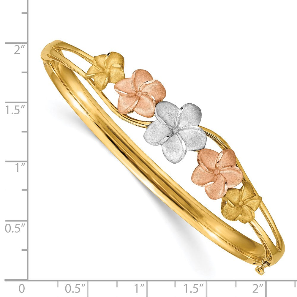 14k Tri-Color Gold Plumeria Hinged Bangle