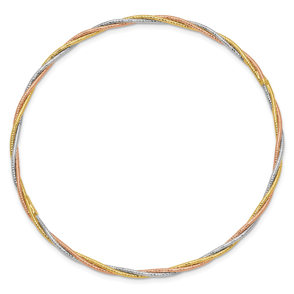 14k Tri-Color Gold Diamond-cut Twisted Slip-on Bangle