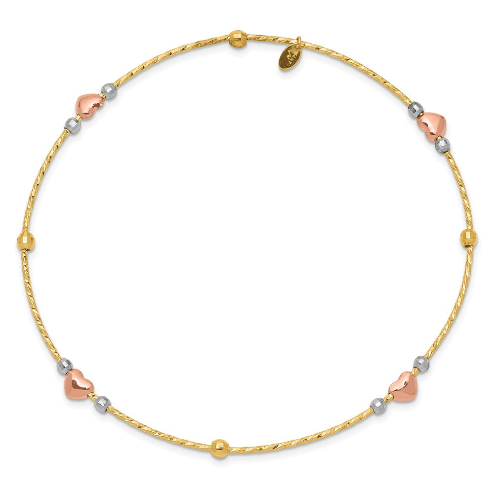 14k Tri-Color Gold Heart Diamond-cut Slip-on Bangle