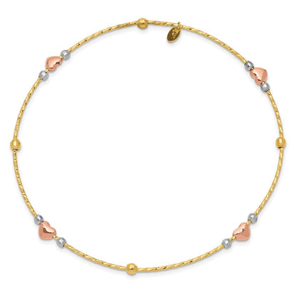 14k Tri-Color Gold Heart Diamond-cut Slip-on Bangle