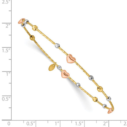 14k Tri-Color Gold Heart Diamond-cut Slip-on Bangle