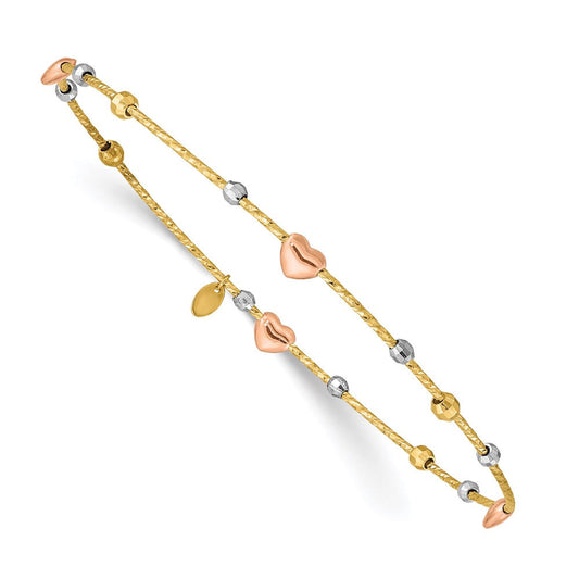 14k Tri-Color Gold Heart Diamond-cut Slip-on Bangle