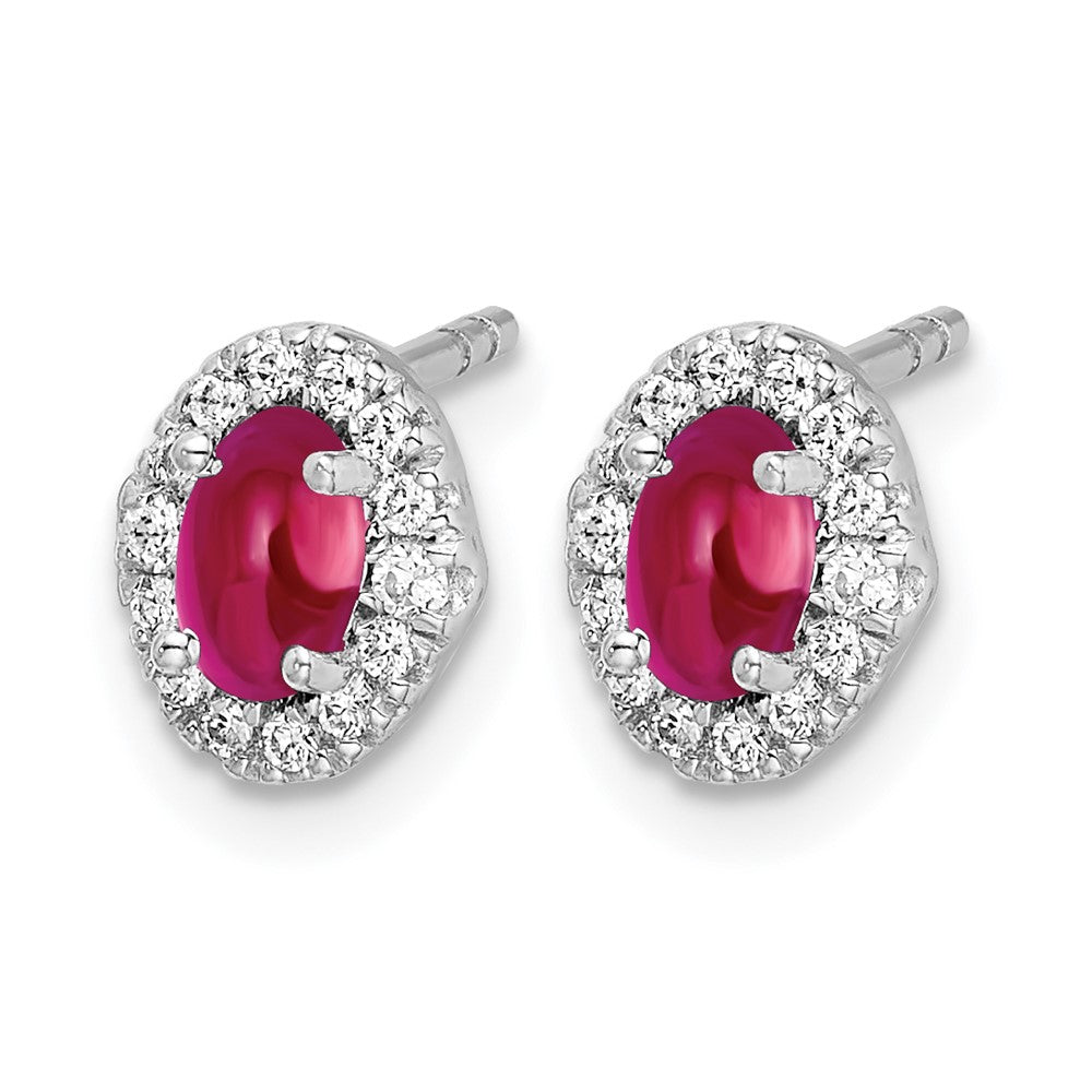 14k White Gold 1/6 Ct. Lab Grown Diamond VS/SI+ G+ and Oval Created Ruby Complete Halo Post Earrings