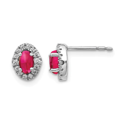 14k White Gold 1/6 Ct. Lab Grown Diamond VS/SI+ G+ and Oval Created Ruby Complete Halo Post Earrings